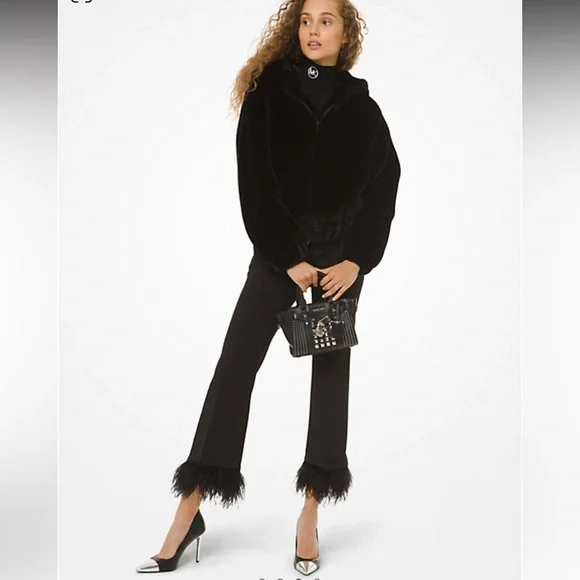 🆕 Michael Kors Stretch-Crepe Feather-Trim Cropped Pants Size 00 - Picture 2 of 12